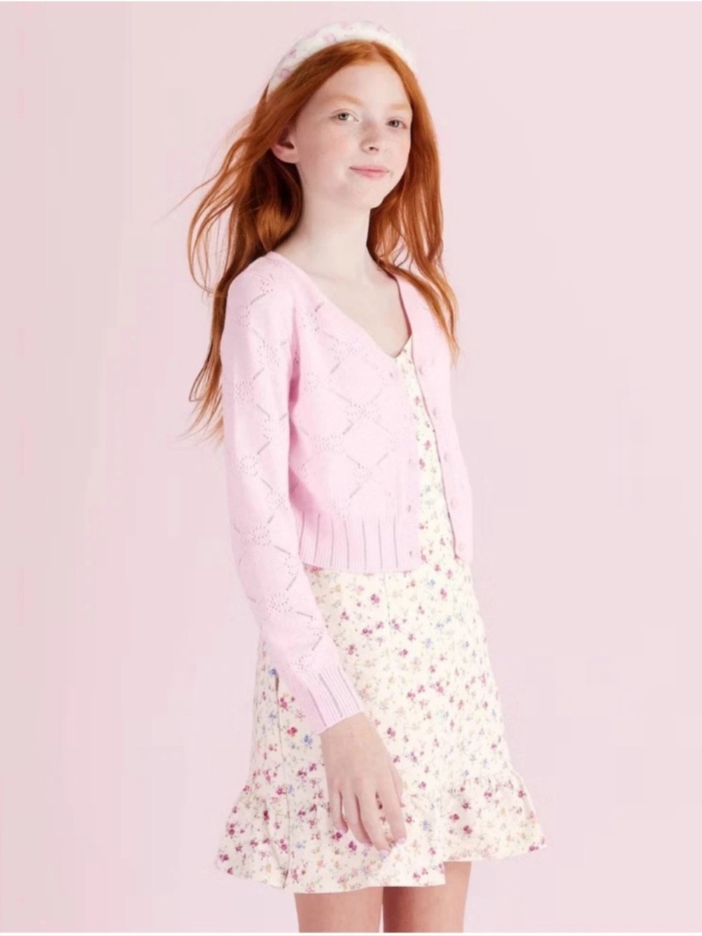 LoveShackFancy Light Pink Pointelle V-Neck Cardigan Sweater - girls
